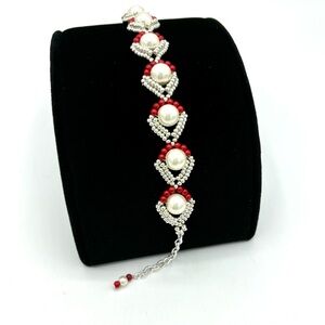 HAND CRAFTED Beaded Pearl Bracelet with Red